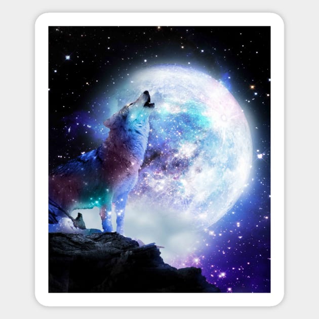 Cosmic Space Wolf Wolves Howling At Moon Sticker by Random Galaxy